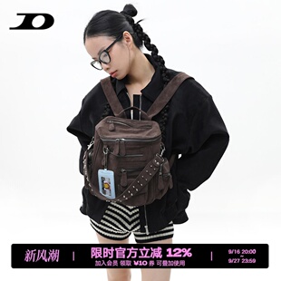 简着 /原创小号里斯林肯麂皮棕书包女美拉德多口袋铆钉机车双肩包