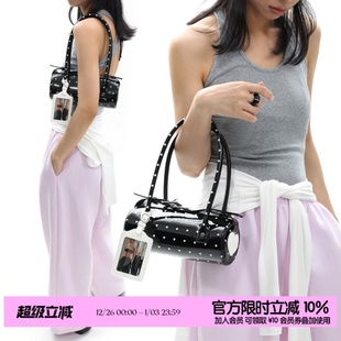 黑色漆皮圆筒包手提腋下包撞色卡套 爱心波点系列 简着25SS 原创