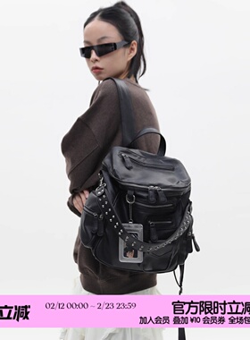 简着 /原创 里斯林肯高级黑多口袋拉链辣妹铆钉机车Y2K单肩双肩包