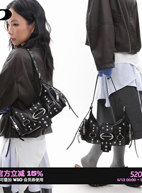 简着25AW新品 原创 黑色蛇皮纹铆钉辣妹单肩腋下包 斜挎2用机车包
