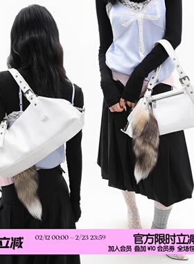 简着25AW 原创 白色 Balata软皮单肩腋下包 可调节波士顿法棍包