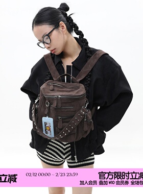 简着 /原创 小号里斯林肯麂皮棕 旷野美拉德多口袋铆钉机车双肩包