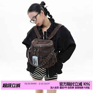 简着 /原创 小号里斯林肯麂皮棕 旷野美拉德多口袋铆钉机车双肩包