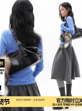 简着25AW 原创 黑色 Balata软皮单肩腋下包 可调节波士顿法棍包