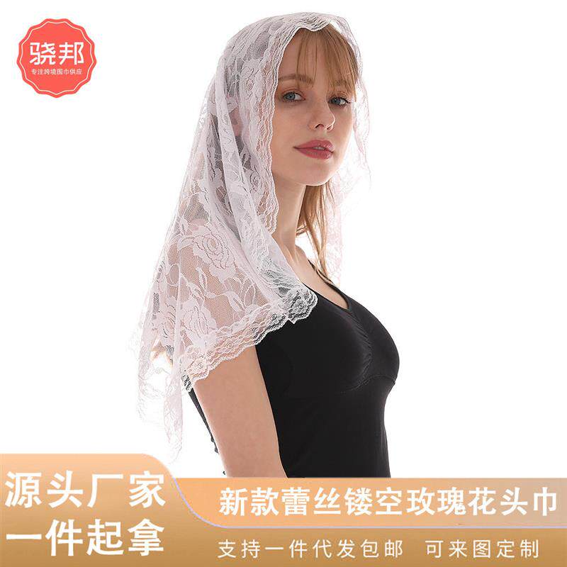 欧美风跨境新款蕾丝镂空玫瑰花头纱 女黑白色透气头纱韩版三角巾