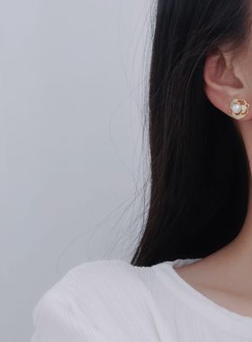 【LH】6-7mm天然珍珠耳钉14k注金工艺防过敏材质微镶锆石镂空玫瑰