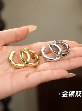 【许妍同款】潺流耳圈小众法式素圈耳环耳钉设计款s925银耳针耳饰