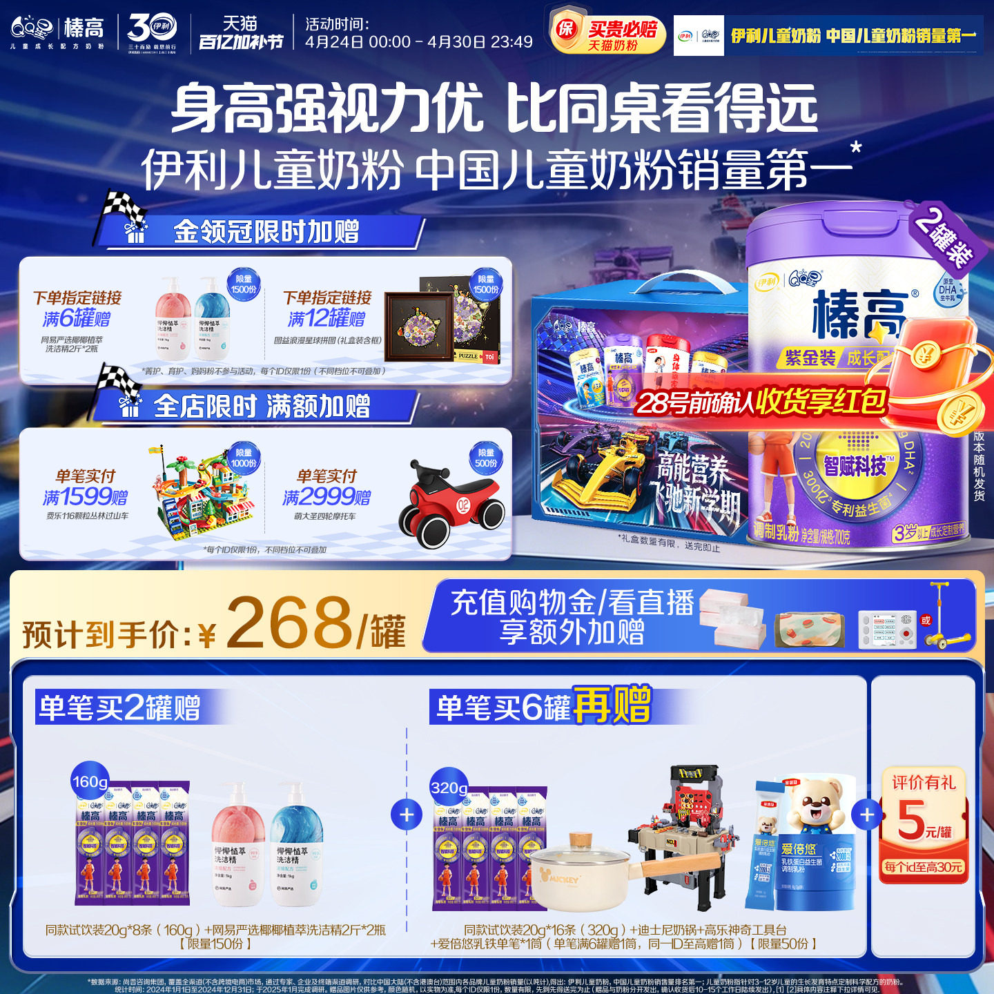 伊利QQ星榛高紫金装CBP儿童3岁以上4段高钙成长牛奶粉700g*2