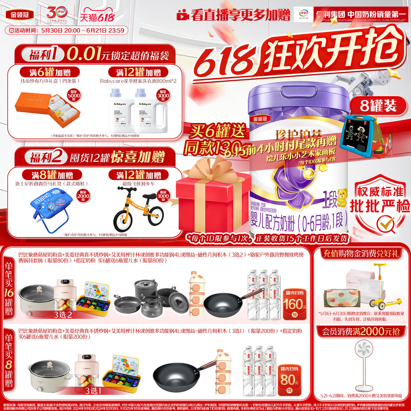 【新鲜】伊利金领冠珍护铂萃1段0-6个月婴儿牛奶粉750g*8