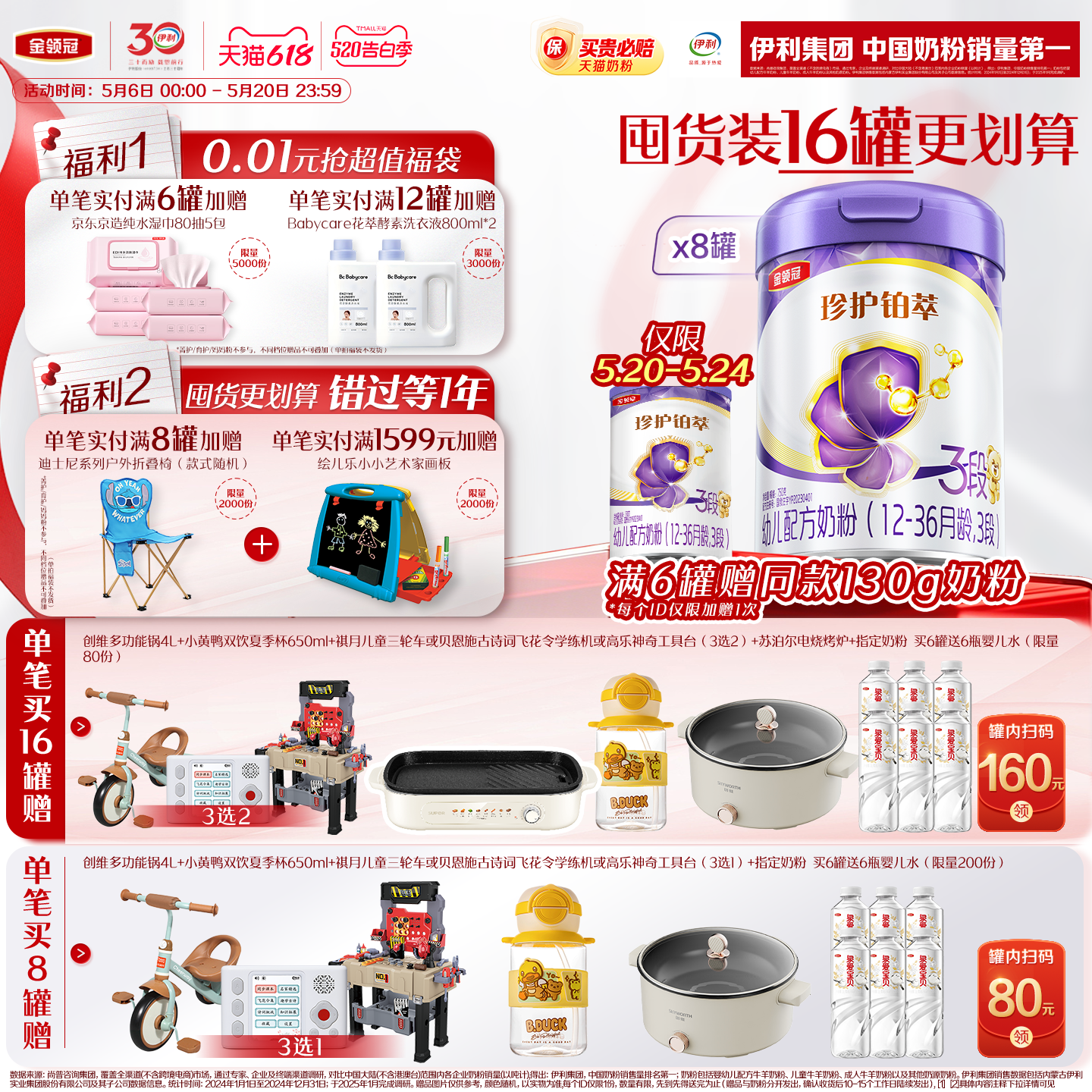 【HMO升级】伊利金领冠珍护铂萃3段12-36个月幼儿奶粉750g*8