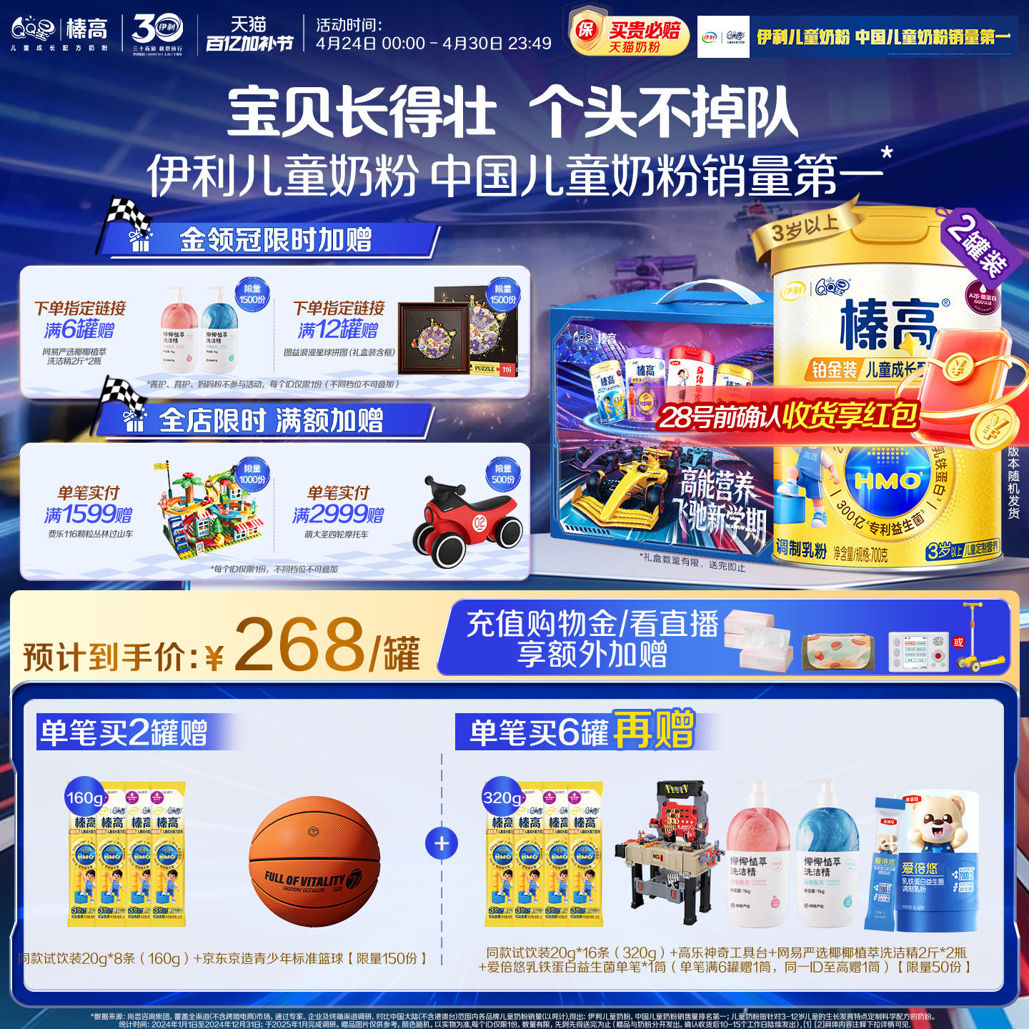 伊利QQ星榛高铂金装CBP3岁以上儿童高钙成长生牛乳牛奶粉700g*2罐