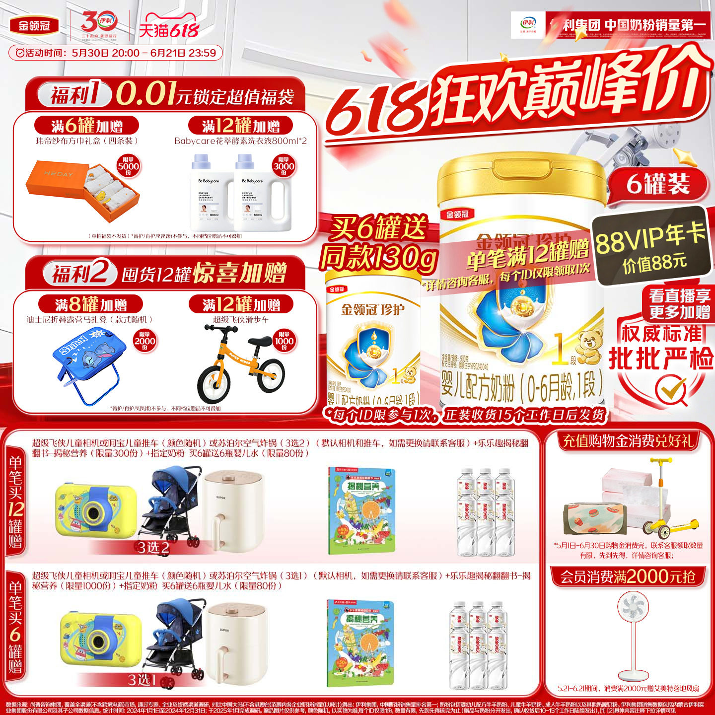 【HMO乳源专利】新鲜-伊利金领冠珍护1段0-6个月新生婴儿奶粉900g