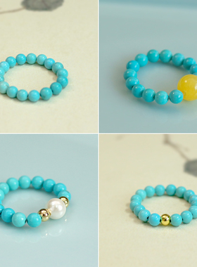 天然蓝松石珍珠戒指女白贝珠指环串珠简约小米珠大码尾戒叠戴文玩