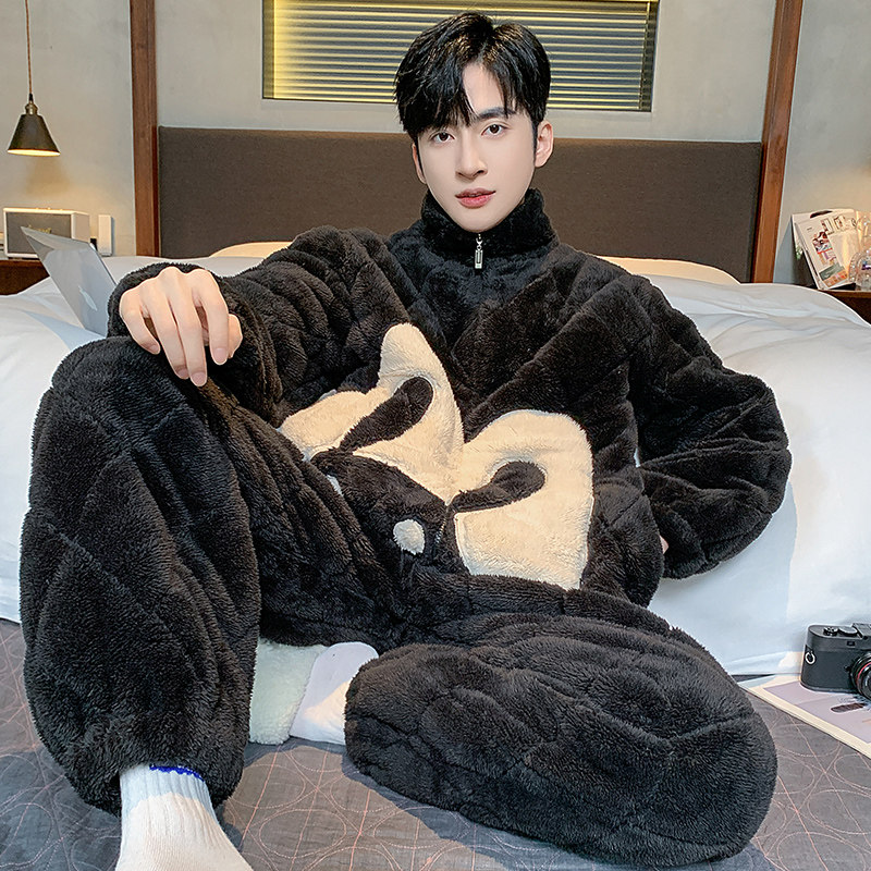 三层夹棉袄睡衣男加绒加厚拉链立领珊瑚绒冬天家居服套装冬季保暖