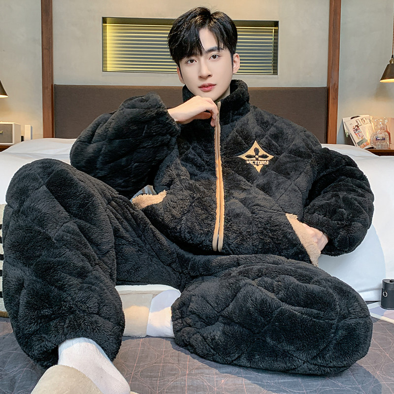 冬季保暖三层夹棉袄睡衣男加绒加厚拉链立领珊瑚绒冬天家居服套装