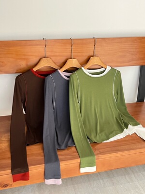 周雨彤倪妮同款不对称设计假两件天丝羊毛打底衫 女修身弹力上衣