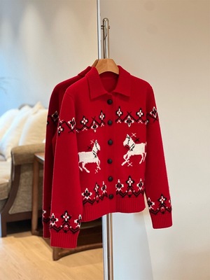 2025冬新款复古提花针织毛衣宽松风羊毛开衫外套 本命年红色 马年