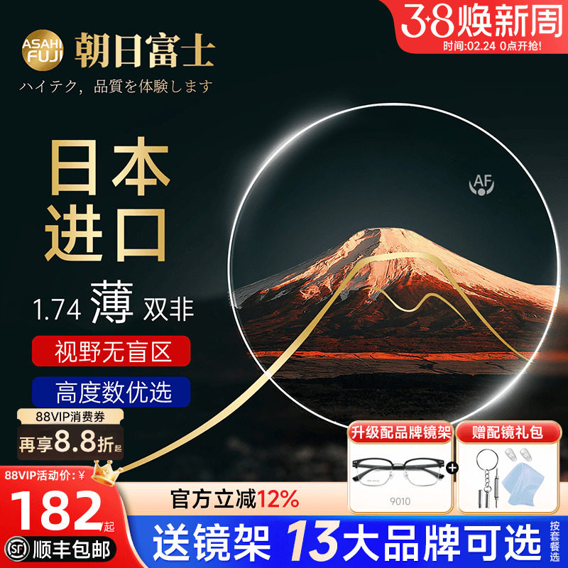 日本进口朝日富士1.74双面非球超薄防蓝光CSD钻韧高度数专用镜片