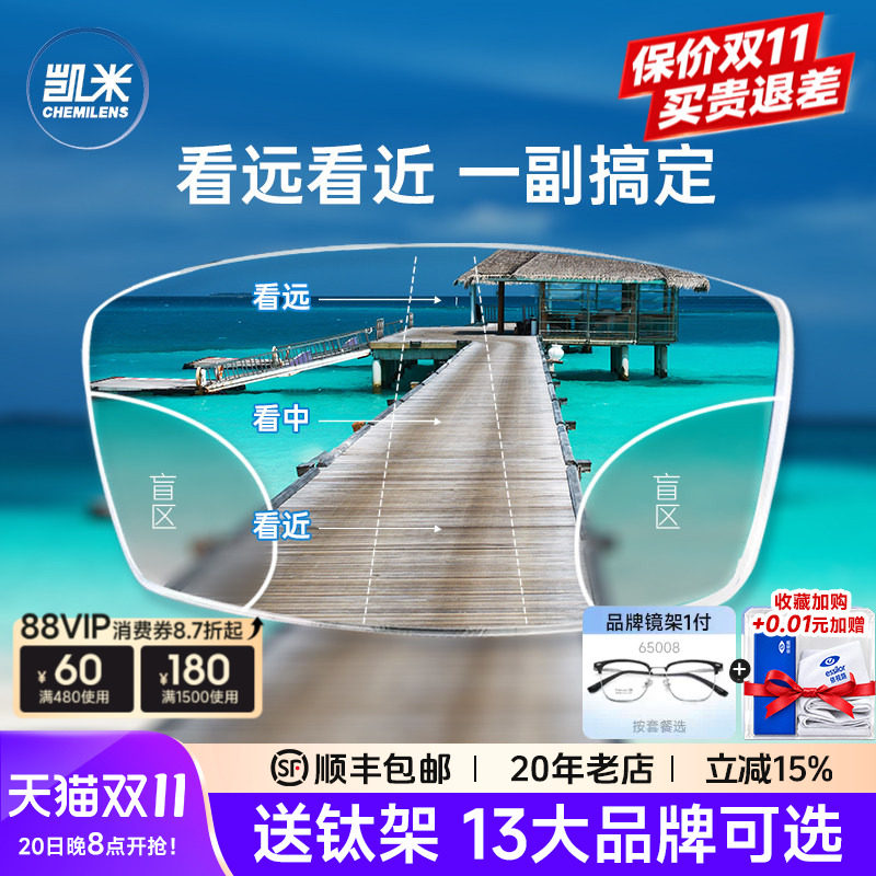 韩国凯米内渐进多焦点眼镜片U6防蓝光看远看近两用薄远视老花镜片