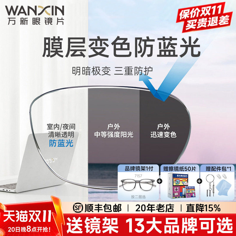 万新镜片防蓝光变色眼镜近视自动感光变灰色配镜树脂有度数男款女