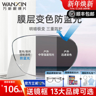 万新镜片防蓝光变色眼镜近视自动感光变灰色配镜树脂有度数男款 女