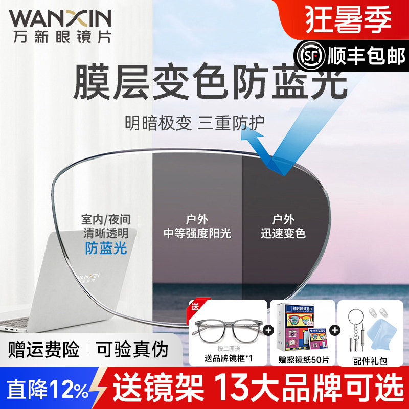 万新镜片防蓝光变色眼镜近视自动感光变灰色配镜树脂有度数男款女