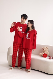 佐雅春季情侣款喜庆红本领年纯棉圆领套头长袖家居服睡衣511221
