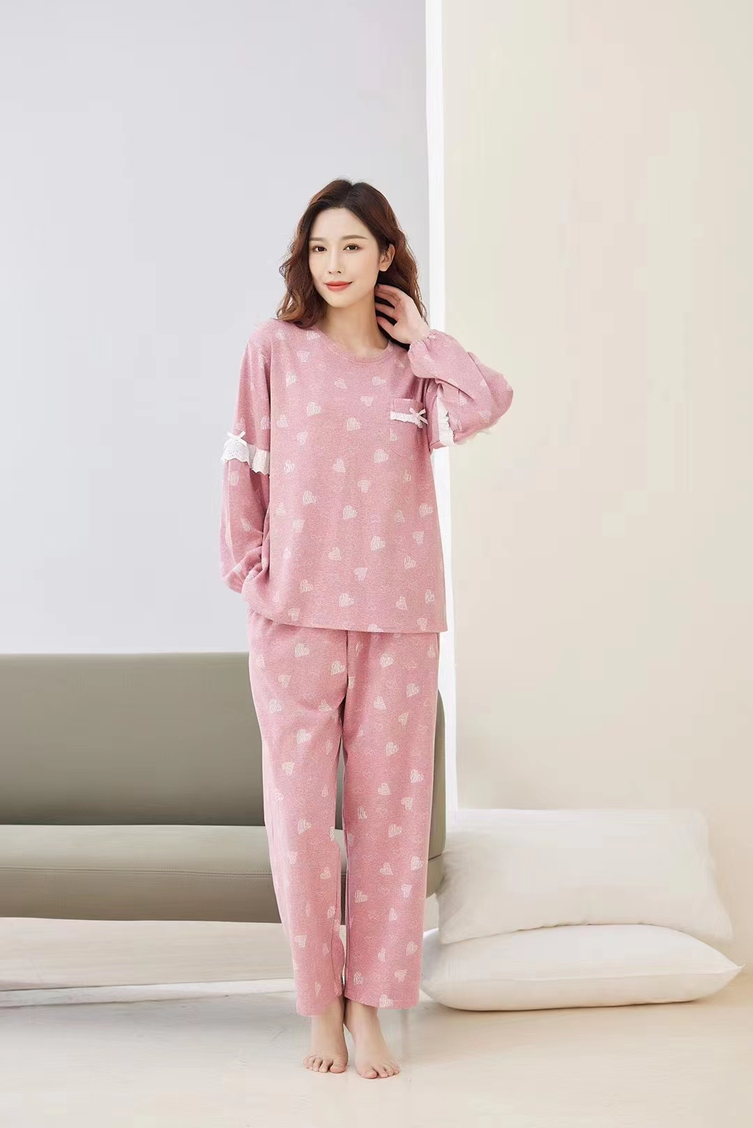 专柜正品佐雅秋冬女款纯棉针织提花圆领套头长袖家居服睡衣316319