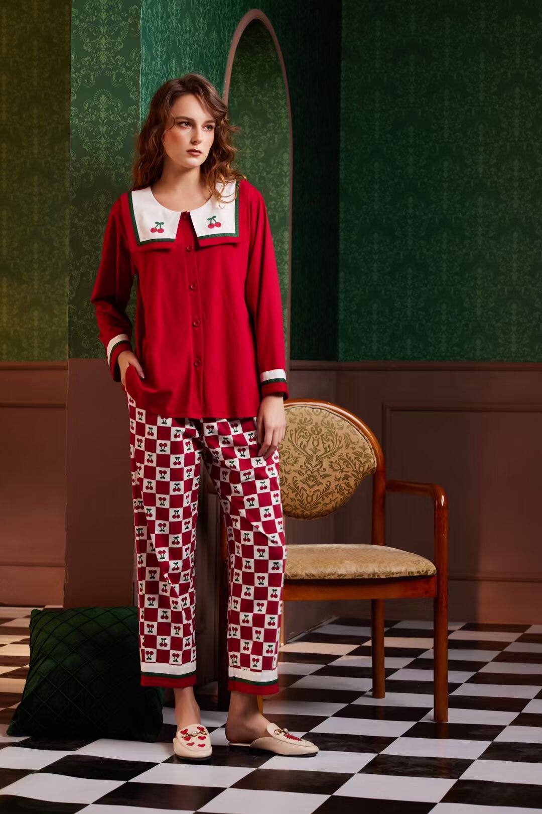亲亲吾衣春秋冬女款纯棉娃娃领开睡衣/家居服套装