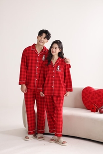 佐雅春季情侣款喜庆红本领年纯棉翻领开衫长袖家居服睡衣510025