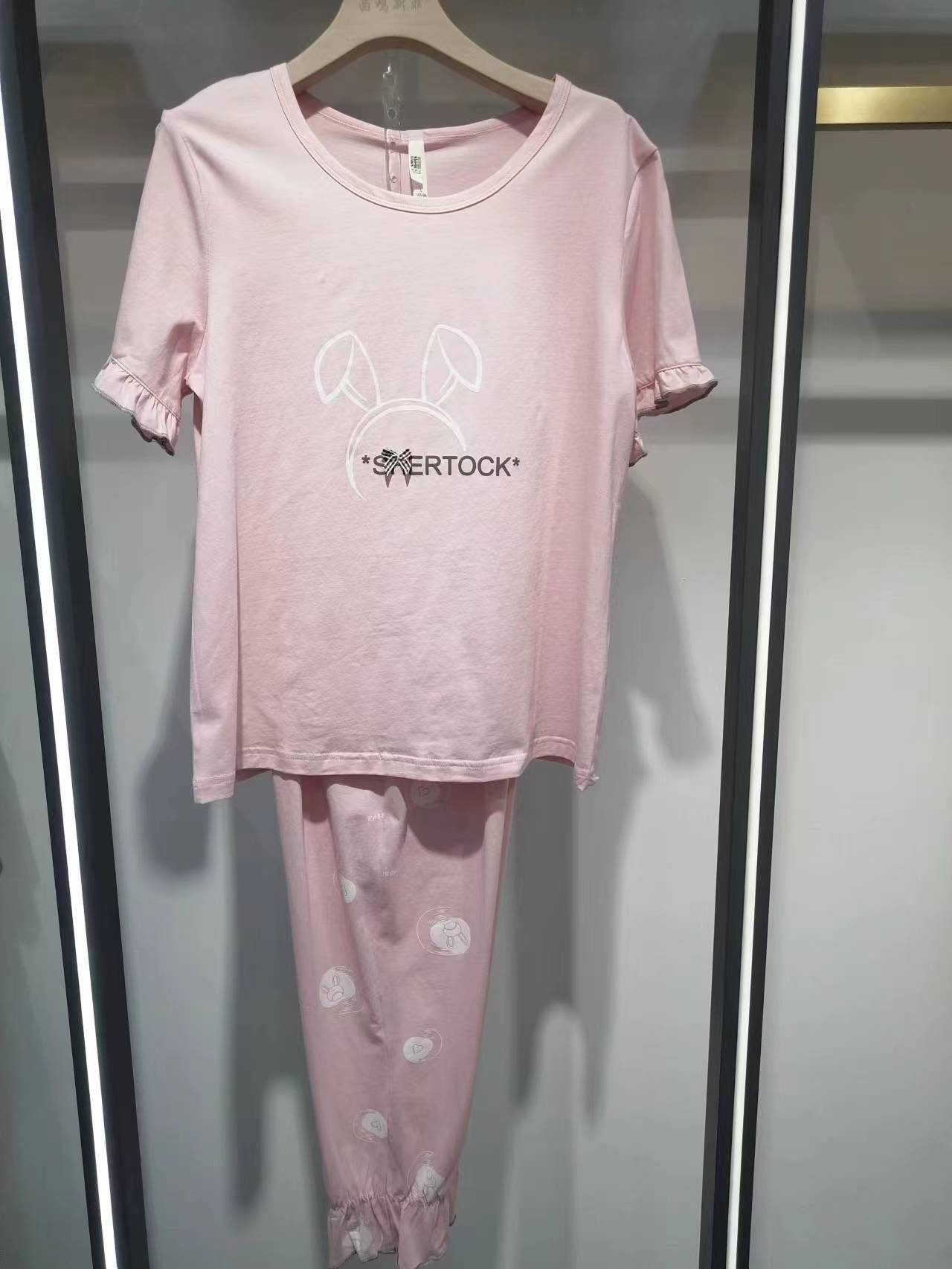 棉彩儿夏季女款纯棉圆领套头短袖长裤家居服睡衣3263