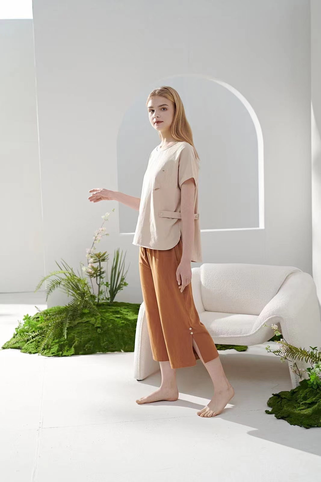 棉彩儿夏季女款冰爽棉圆领套头半袖八分裤家居服睡衣r1366