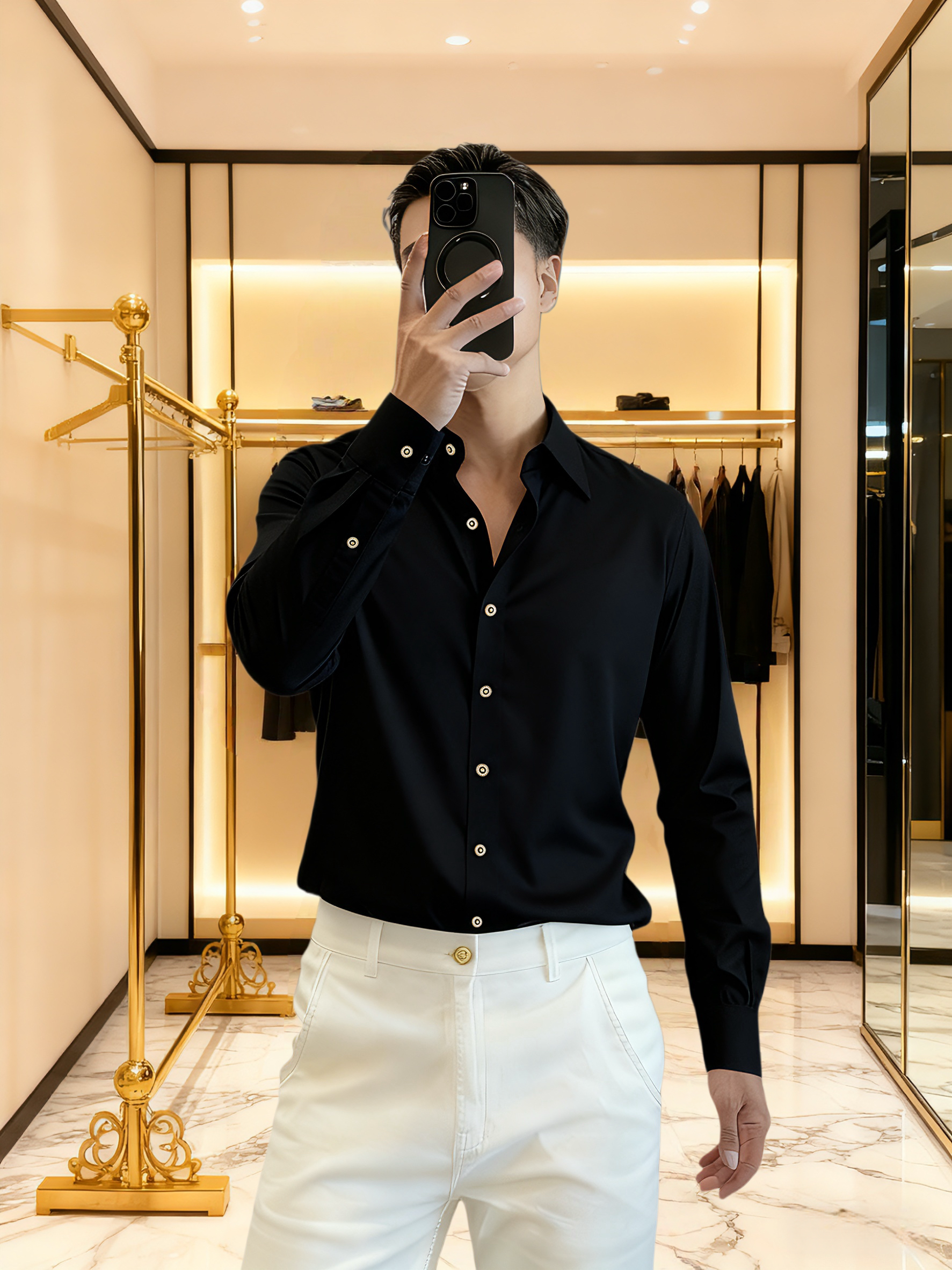 黑色长袖衬衫男修身商务休闲结婚新郎高级感长衬衣极简风