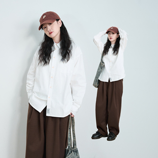 春季新款日系极简白色纯棉长袖衬衫男女宽松百搭设计感休闲衬衣薄