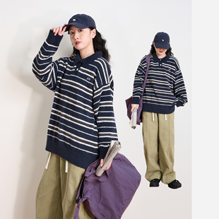 素人旅客原创复古撞色条纹polo领毛衣女秋冬宽松慵懒风针织衫 潮牌