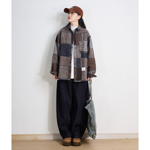 秋冬复古加厚拼接格纹毛呢衬衫男女宽松百搭长袖外套港风穿搭情侣