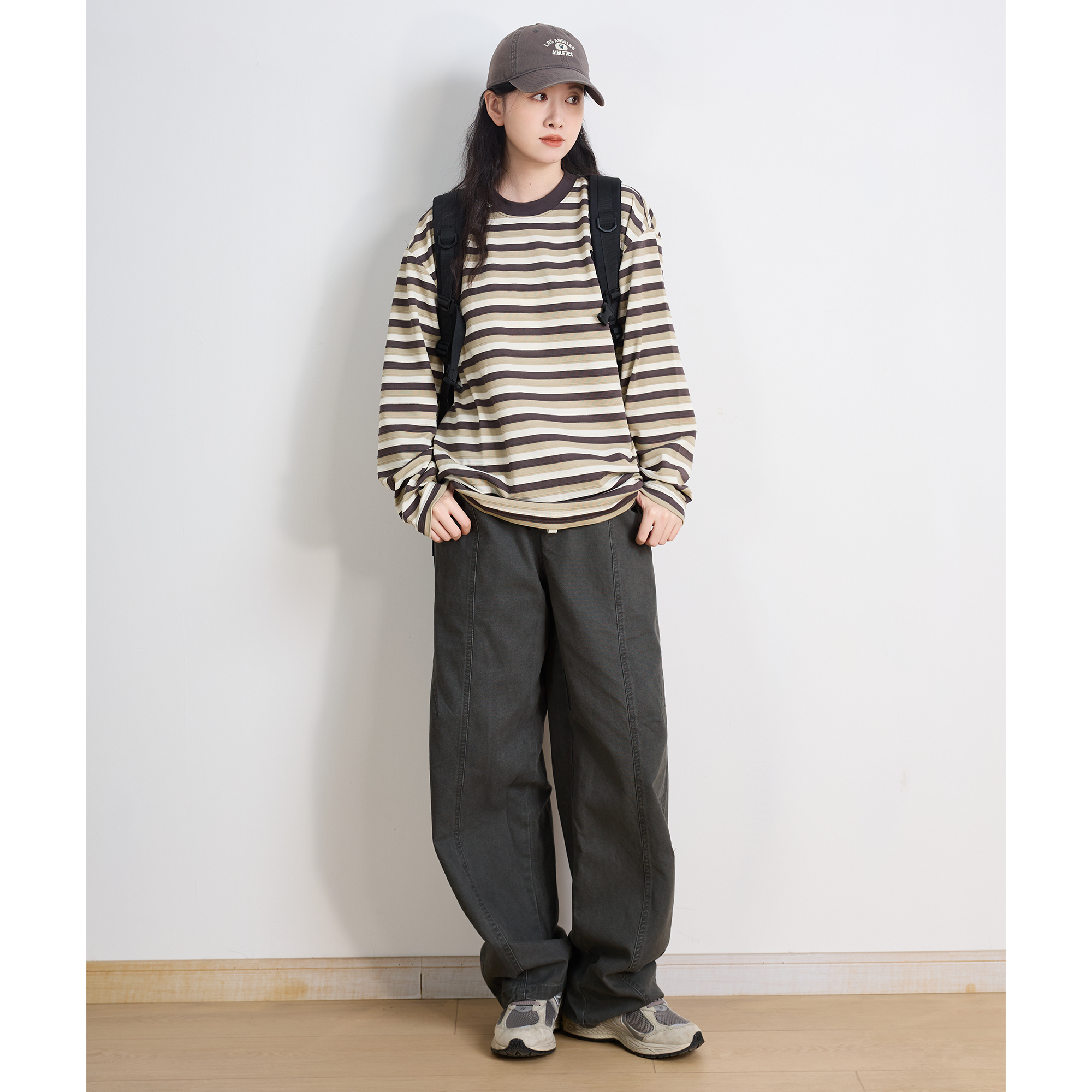 春秋薄款慵懒风条纹长袖T恤情侣t