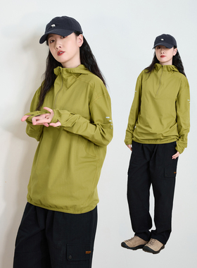 春秋新款户外机能连帽半开领长袖T恤女速干骑行慢跑运动外套绿色t