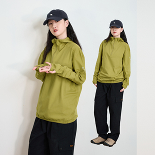 春秋新款户外机能连帽半开领长袖T恤女速干骑行慢跑运动外套绿色t