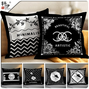 ins现代轻奢现代黑白简约绒面抱枕沙发客厅民宿腰枕套靠枕靠垫