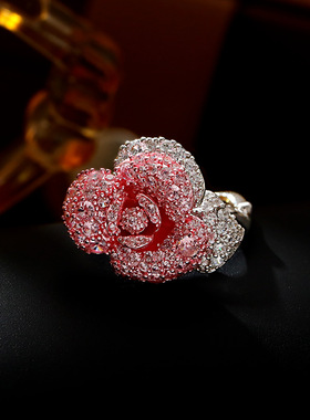 复古港风红色玫瑰戒指时尚气质轻奢超闪百闭口指环2爆款