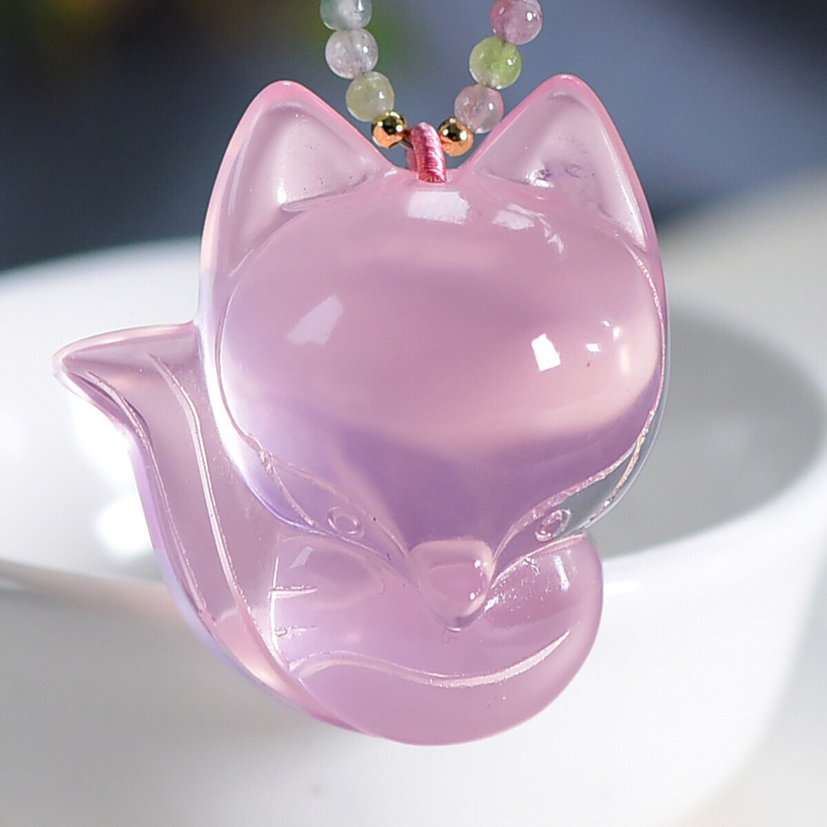 天然星光粉水晶狐狸吊坠女碧玺项链新中式锁骨链生日礼物送老婆