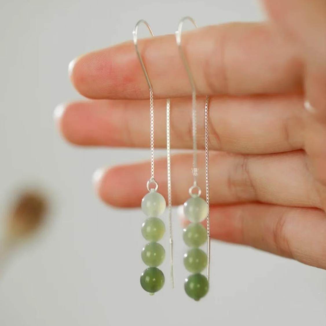 天然渐变和田玉耳坠耳环耳线新中式耳饰纯银流苏精致独特漂亮耳钉