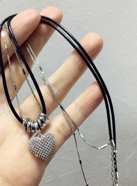 韩国东大门风个性甜酷风金属圈爱心桃心形皮绳多层次项链锁骨链颈