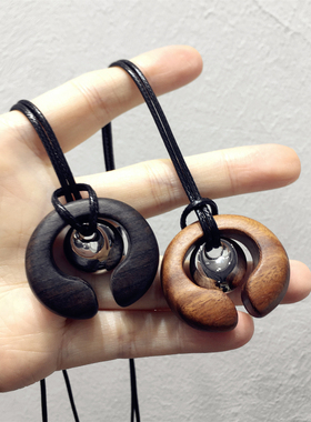 秋冬新款复古新中式金属圆形木质圆形皮革抽拉式可调节项链毛衣链