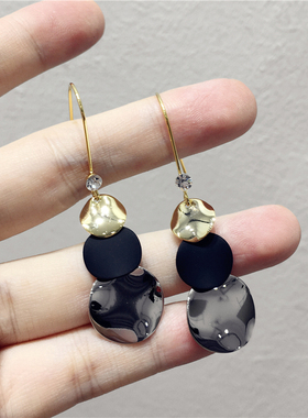 简约气质小众设计撞色金属圆形片长款耳钩耳环冷淡风时髦百搭饰品