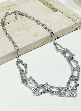 欧美夸张个性潮人简约凹凸不平金属银色长方形项链锁骨链颈链饰品