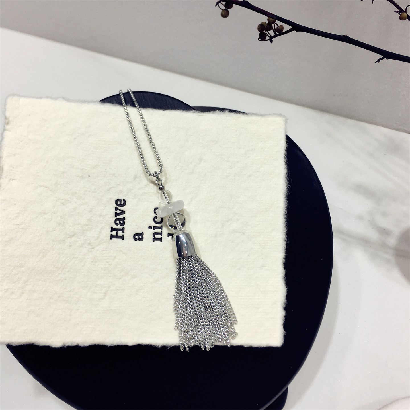 2026韩国东大门新款简约气质银色麦穗流苏长款项链毛衣链挂件饰品