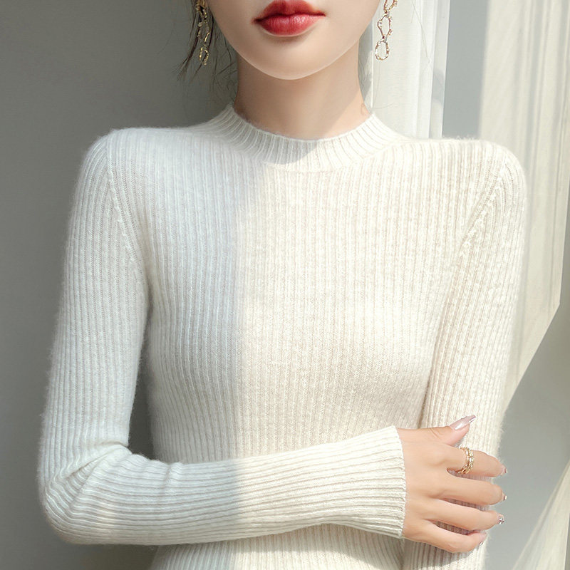 100%纯羊毛衫女士宽抽条半高领毛衣秋冬季修身显瘦简约针织打底衫