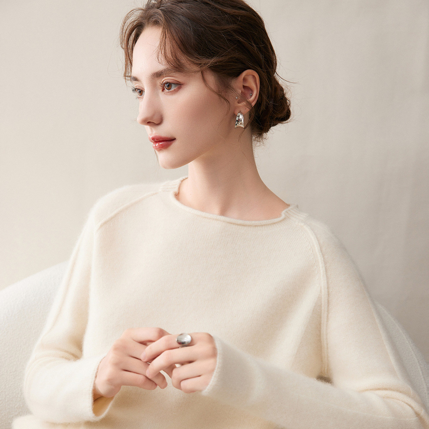 100%纯山羊绒衫女士加厚圆领毛衣